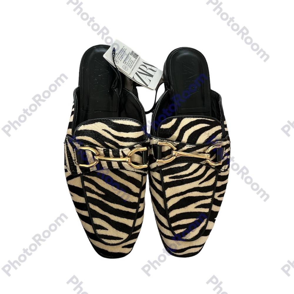 Zara Women’s Sz 6 Zebra Print Leather Black/White Slip on Backless Loafers NWT